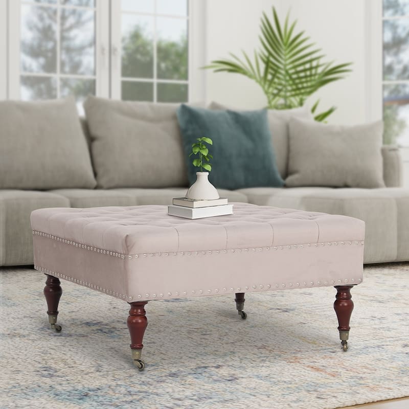 Maypex Square Velvet Upholstered Cocktail Ottoman with Caster Wheels
