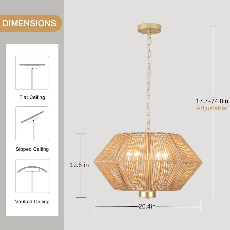 4-Light Bohemian Hand Woven Drum Chandelier Rattan Pendant - N/A