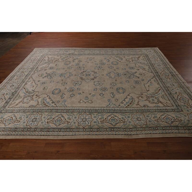 Vegetable Dye Oushak Turkish Rug Handmade Beige Floral Wool Carpet - 7'10"x 9'6"