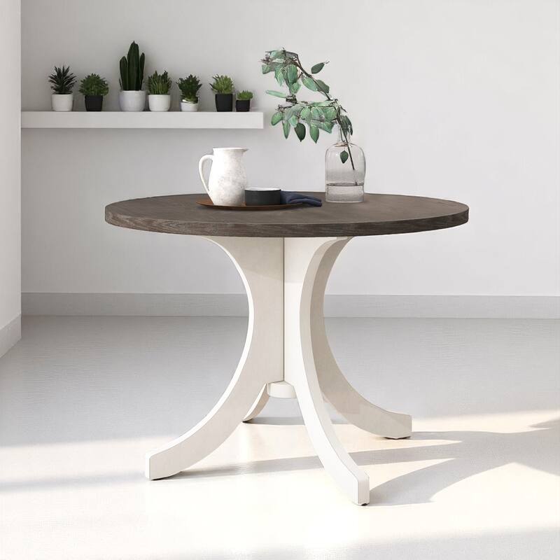 Round 42" Dining Table Set for 4, Solid Wood Mid-Century Kitchen Table with Beige Cushioned Chairs
