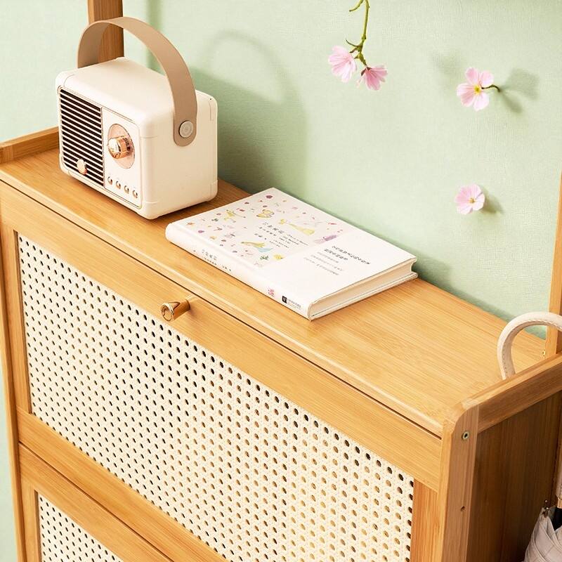 Modern Bamboo Shoe Cabinet with 3 Rattan Flip Drawers and Coat Hooks, Freestanding Shoe Storage for Entryway or Hallway