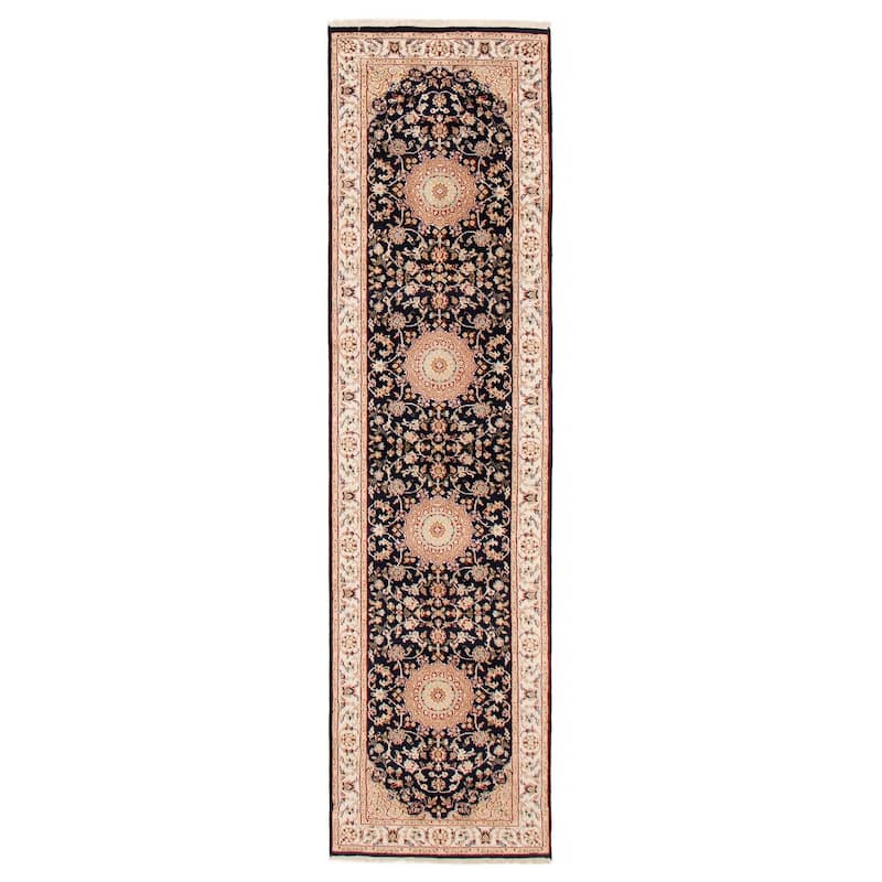 ECARPETGALLERY Hand-knotted Nain Dark Navy Silk, Wool Rug - 2'8 x 9'11 - Dark Navy - 2'8 x 9'11