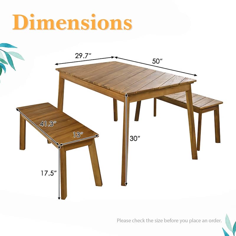 3-Piece Outdoor Solid Wood Table & Bench Set, Patio Furniture Set