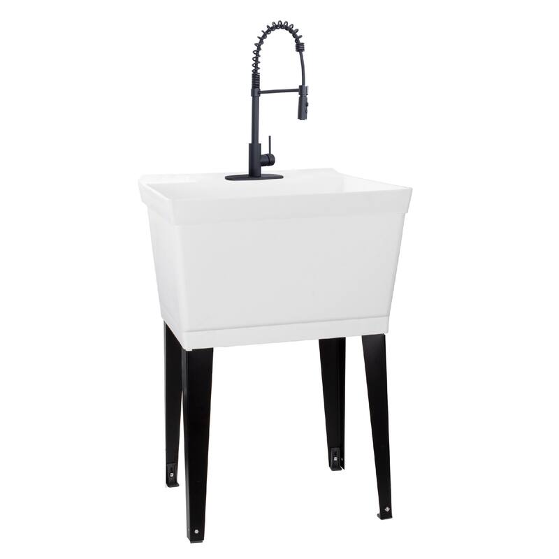 TEHILA Utility Sink Laundry Tub with Black High Arc Coil Faucet - White