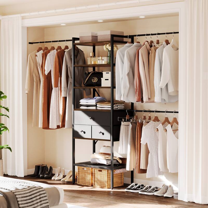 Moasis 5-Tier Wood Clothes Rack Expandable Hanger Rods with 3 Drawer