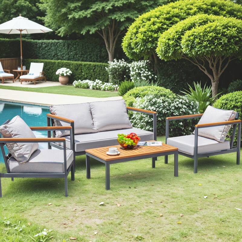 Homall 4 Pieces Patio Acacia Conversation Set, Outdoor Loveseat with Table, All Weather Chairs Set - Beige