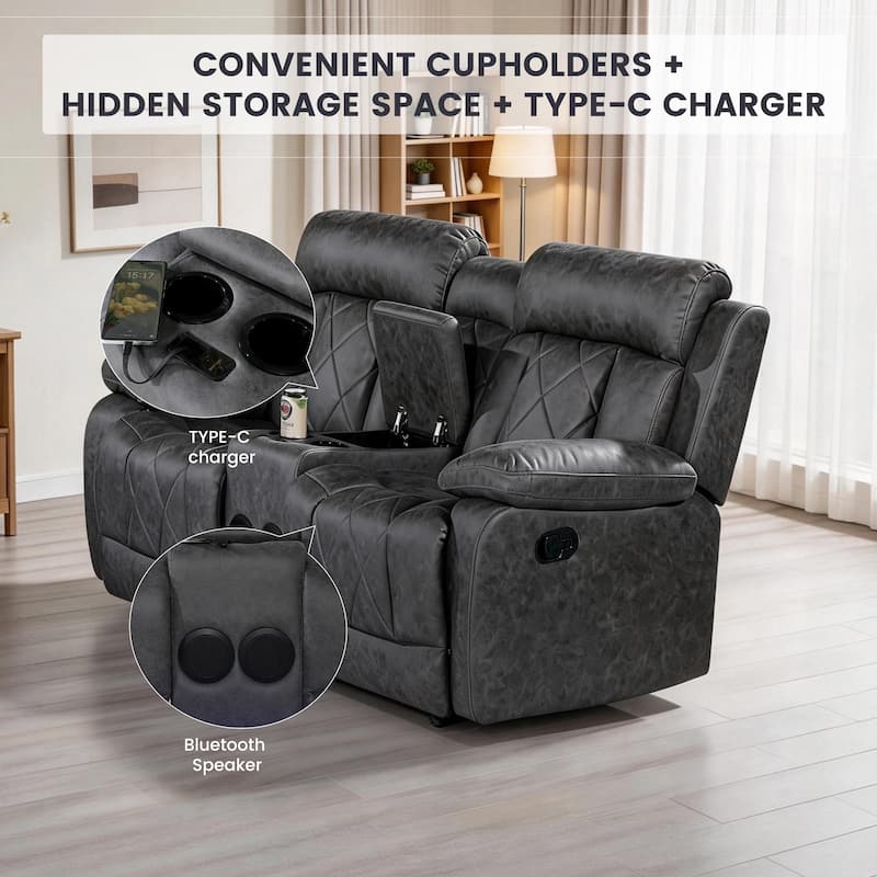 2PC Soft Microfiber Manual Reclining Chair, Bluetooth Speaker, Type-C and USB Charger, Recliner