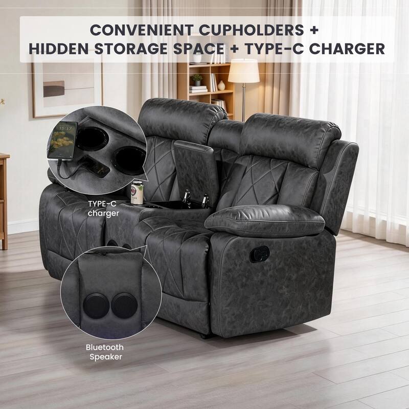 3PC Soft Microfiber Manual Reclining Chair, Bluetooth Speaker, Type-C and USB Charger, Recliner
