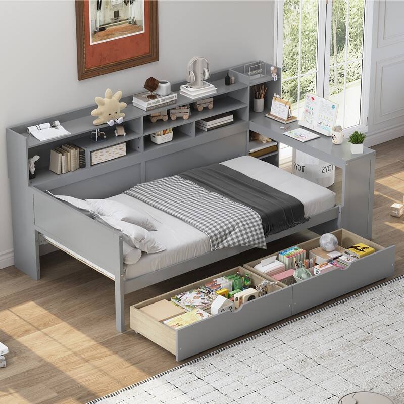 Twin Size Wooden Daybed with Storage Shelves, Two Storage Drawers and Study Desk