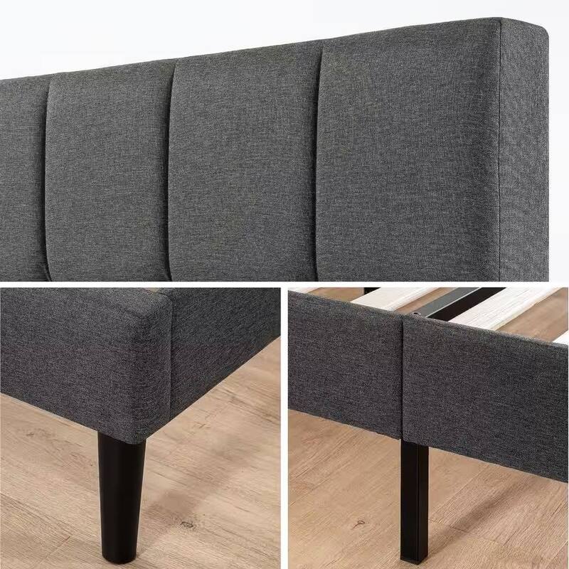 Modern Upholstered Platform Bed with Square-Stitched Headboard Low Profile Bed Frames Grey