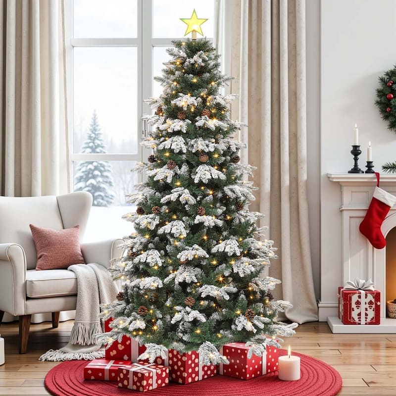 Moasis 7.5ft Prelit Flocked Tiered Christmas Tree with Remote, 1200 Tips, 36 Pine Cones, 11 Light Modes
