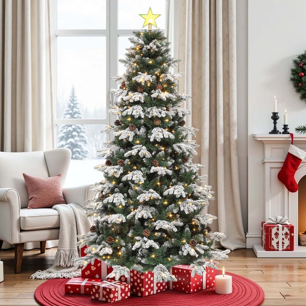 Moasis 7.5ft Prelit Flocked Tiered Christmas Tree with Remote, 1200 Tips, 36 Pine Cones, 11 Light Modes