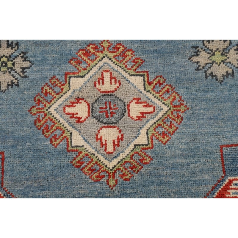 Blue Geometric Kazak Oriental Area Rug Handmade Floral Wool Carpet - 5'2" x 6'3"