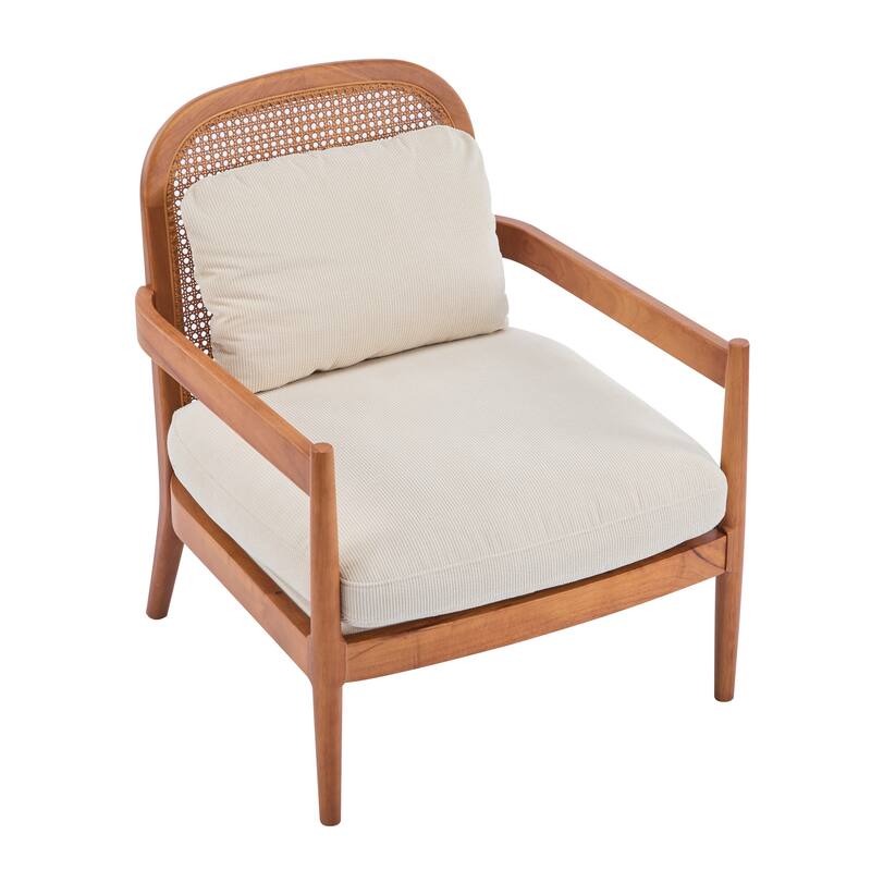 Roomfitters Mid-Century Accent Chair with Walnut Wood Frame & Rattan Back, Striped Cushion, Set of 2