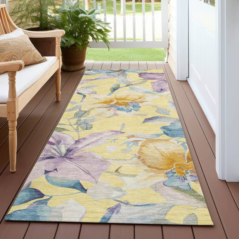 Machine Washable Indoor/ Outdoor Modern Floral Chantille Rug - Yellow - 2'3" x 7'6"