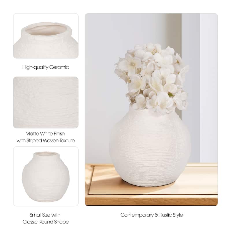 Sagebrook Home Woven Textured Vase, White, Round, Solid Color, Tranquil Waters Decorative Item