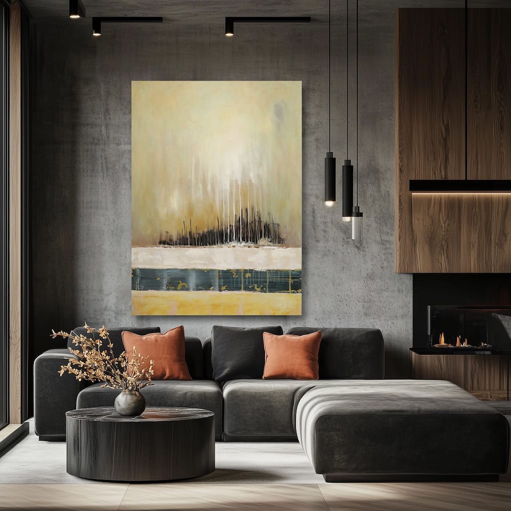 Golden Horizon Hand Painted Abstract Oil Canvas Wall Art 31x47 Inches