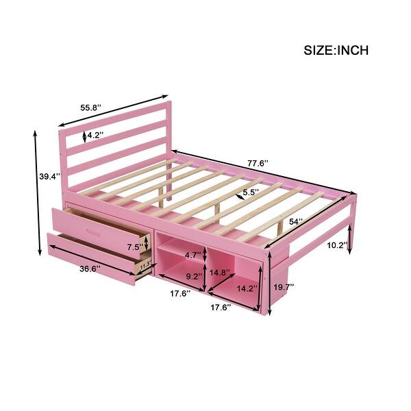 Full Size Wood Platform Bed with Removable Shelves, 2-Storage Drawers, Pink