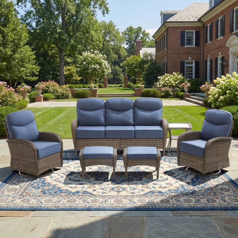 Pocassy Outdoor Wicker Patio Sofa with Swivel Chair Ottoman Sets - Brown Wicker Blue Cushion - 6-Piece Sofa Swivel Chair with Ottoman