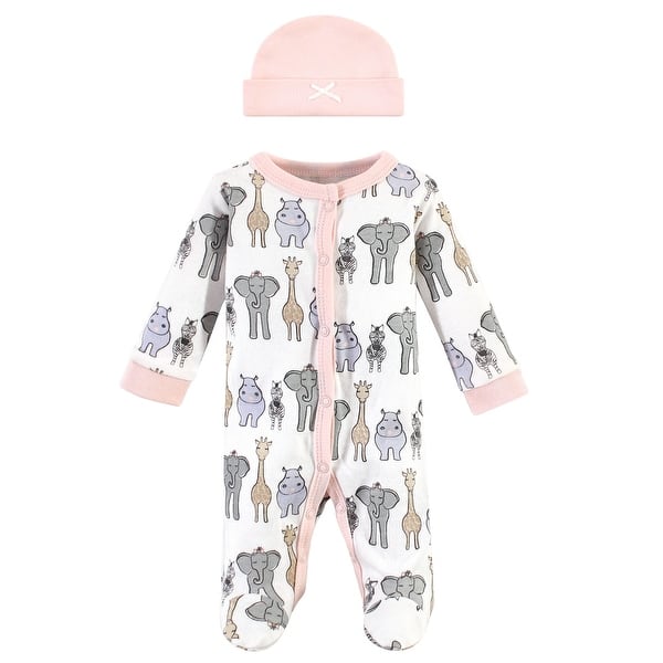 slide 1 of 1, Hudson Baby Infant Girl Preemie Snap Sleep and Play and Cap 2pc Set, Pink Safari, Preemie - Pink Safari Preemie - Pink Safari