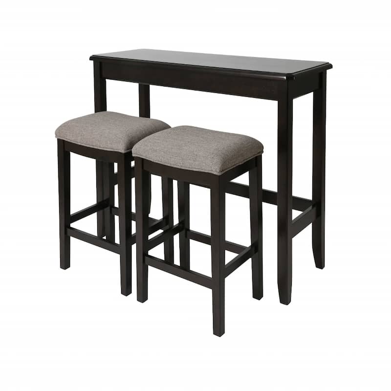 Dark Brown Wood Tall Backless Bar Chairs with Grey Upholstered Seat with Table Set of 3 - 18.5" x 48.5" x 36.5" (D x W x H) - Dark Brown-Grey