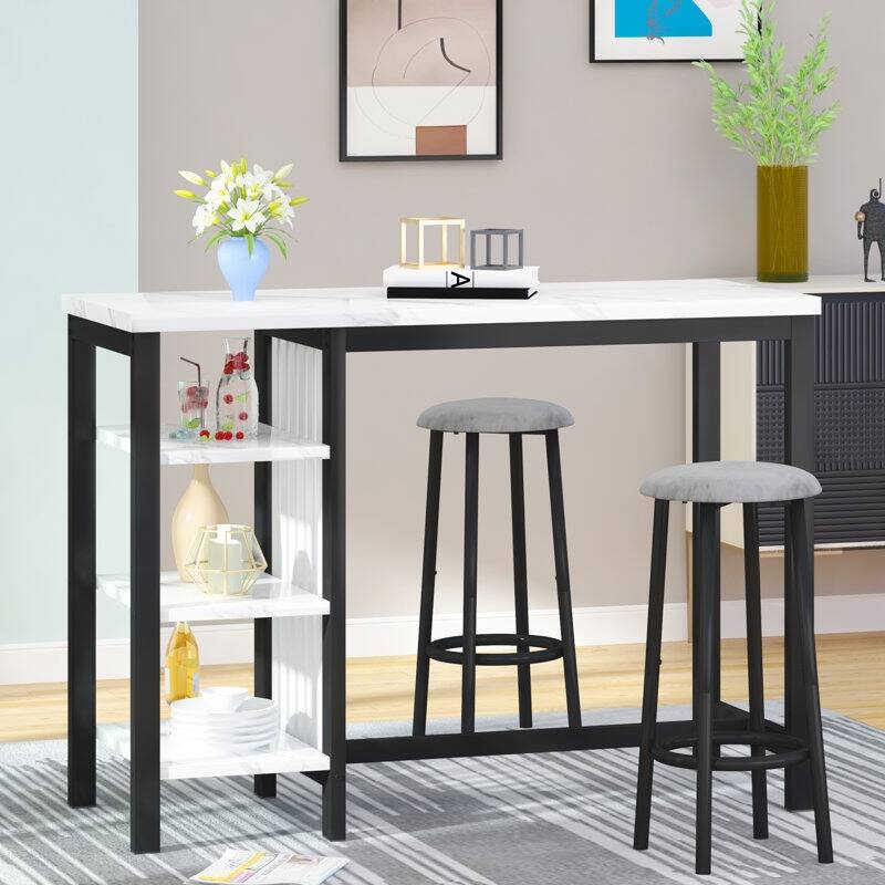Bar Table Set with Storage Shelves, Faux Marble Breakfast Table with 2 Velvet Stools for Kitchen/Dinning Room/Living Room/Studio