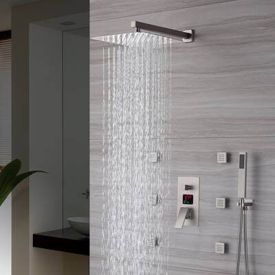 brushed nickel Wall mount 12 inch rainfall 3 way digital display shower system with body jets - 7'6" x 10'9"