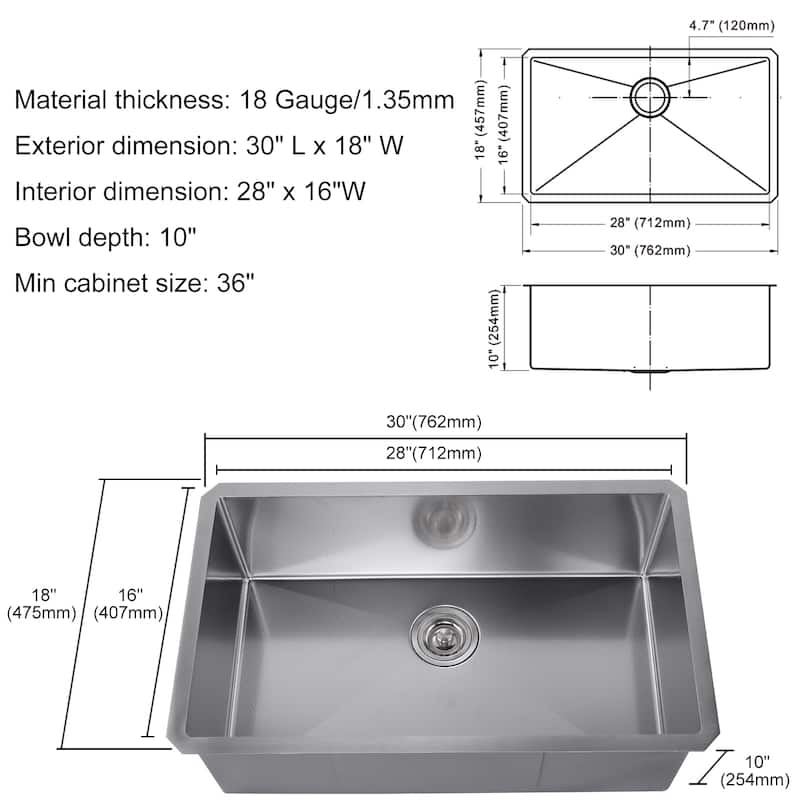 WOWOW Drop-In/Undermount Single Bowl 18-Gauge Kitchen Sink