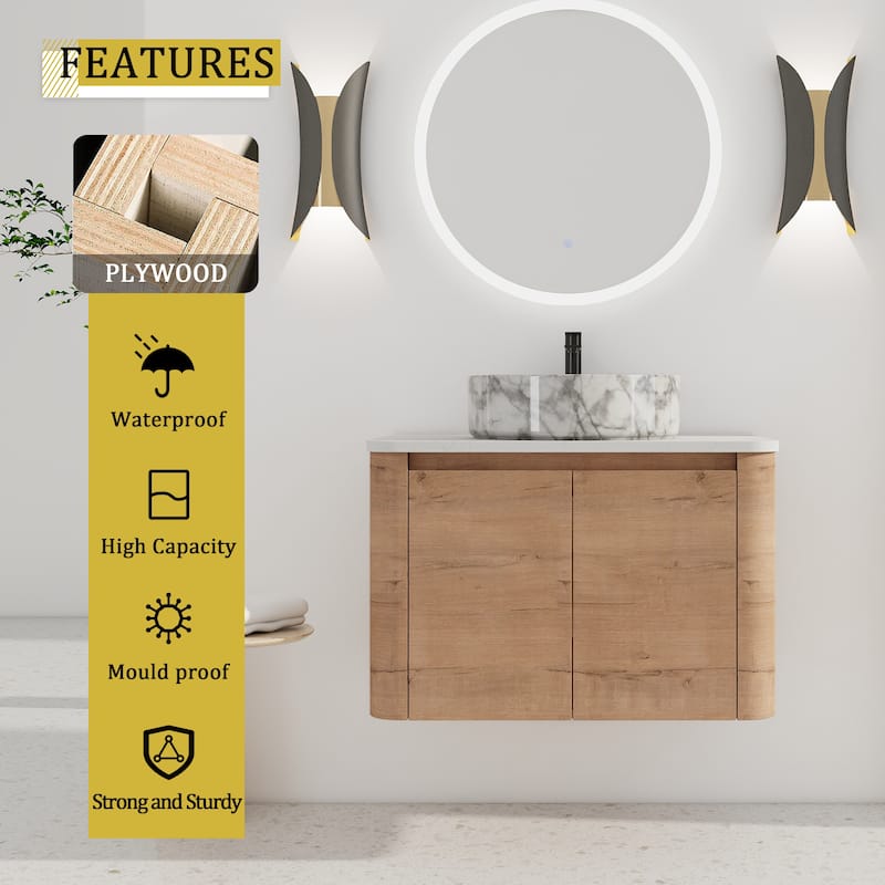 30'' Wall-Mounted Bathroom Vanity With Ceramic Art Sink & 2-Soft-Close Door, KD-Packing, Plywood