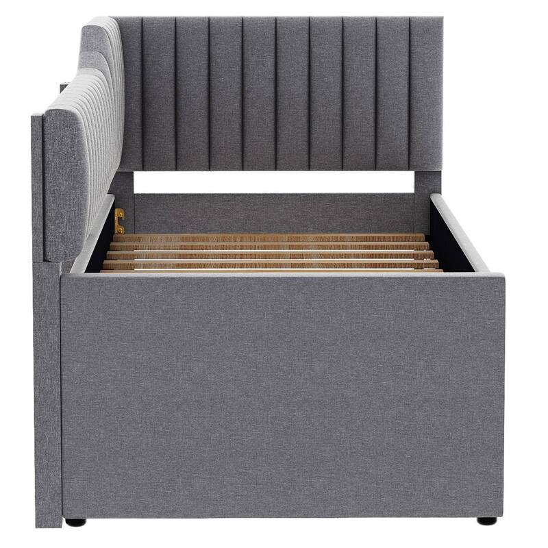 Living Room Upholstered Daybed, Solid Wood Platform Sofa Bedframe with Pull Out Trundle and 3 Drawers, Wood Slats Support