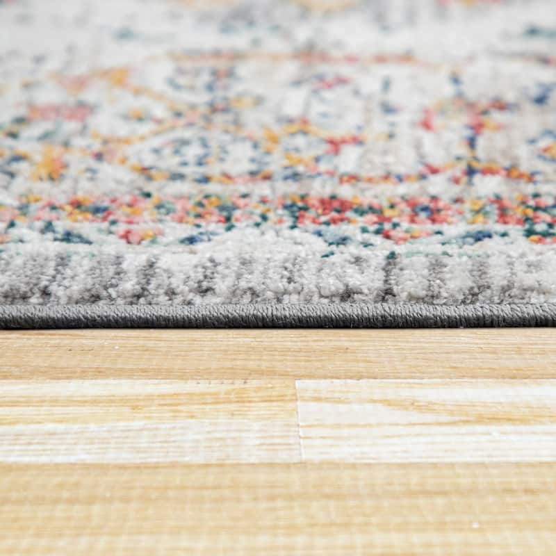 Vintage Rug Oriental Design with Ornaments and Border in Cream Yellow