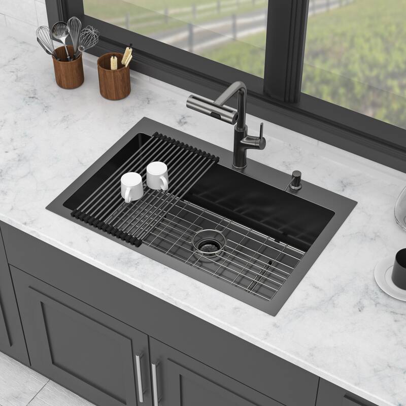 Drop-in Single Bowl 16 Gauge Stainless Steel Kitchen Sink with Pull-out Faucet