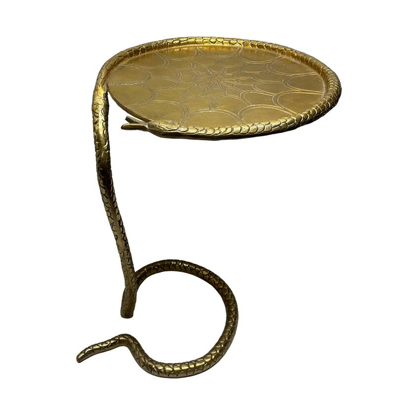 22 Inch Side End Table, Handcrafted Textured Snake Skin Pattern Base, Brass Aluminum