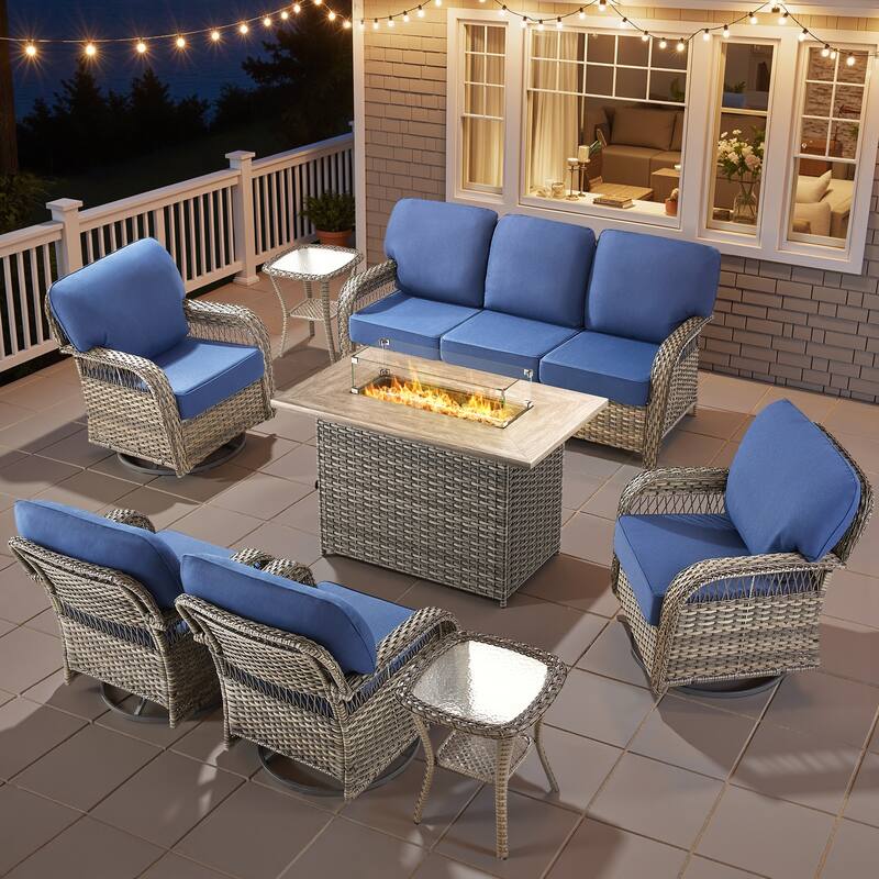 Pocassy Patio Sofa Ottoman Swivel Chair Table with Fire Table Set. - Gray Wicker Blue Cushion - 8-Piece Sofa Swivel Chair Table w/ Fie Pit Table