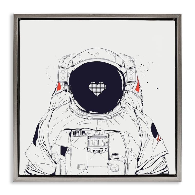 Stupell Minimal Astronaut with Heart Framed Floater Canvas Wall Art Design By Balazs Solti - 18 x 18 - Grey