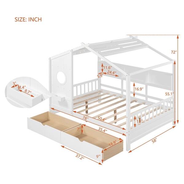 dimension image slide 1 of 2, Modern Full Size House Bed Kids Bed with 2 Drawers and Storage Shelf,Solid Construction