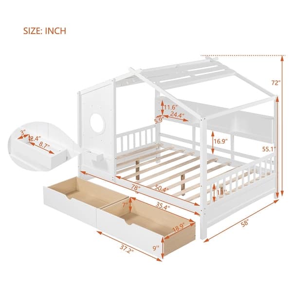 dimension image slide 3 of 4, Wooden House Bed Kids Storage Bed Frame with 2 Drawers, Storage Shelf for Kids Teens Adults, Wood Slat Support