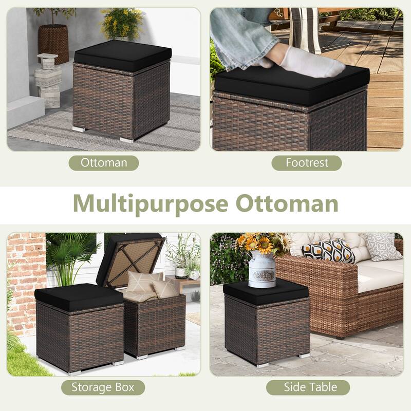 Gymax 2PCS Rattan Ottomans Seat Side Table Storage Box Footstool w/