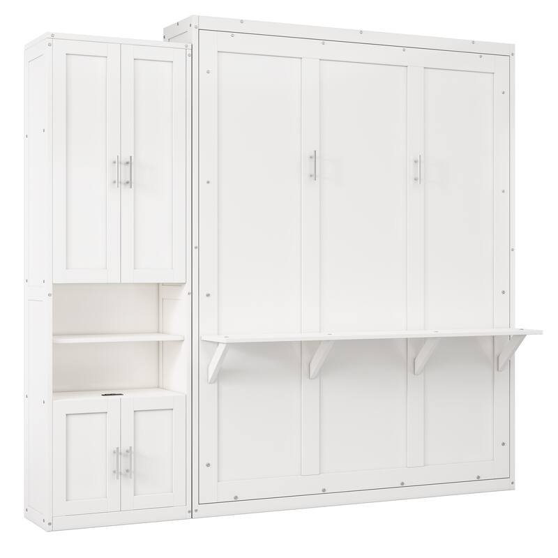 European Style Murphy Bed with Dual Piston System and Side Cabinet, Space-Saving Foldable Wall Bed Wood Bed Frame