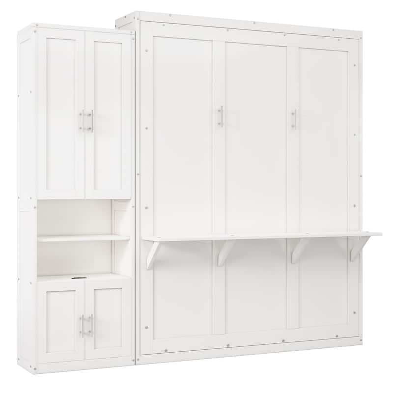 Queen/Full Size White Murphy bed with side cabinets and storage shelves