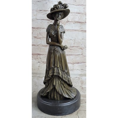 Young Woman In Victorian Fashion Hat Bronze Metal Figure Statue Sculpture Decor