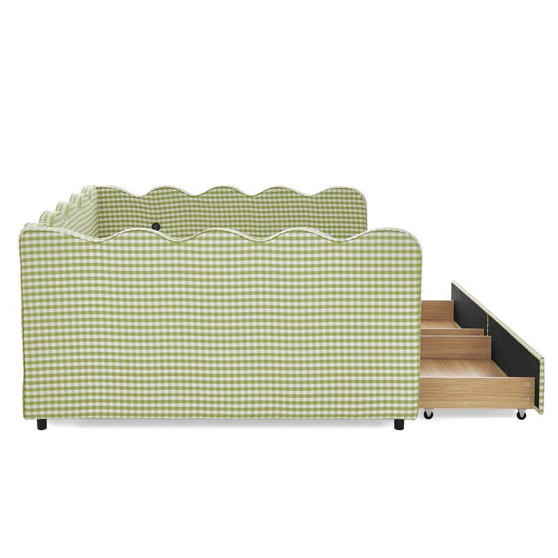 Full/Queen Gingham Daybed with 2 Storage Drawers, USB Port & Wave Shaped Linen Fabric