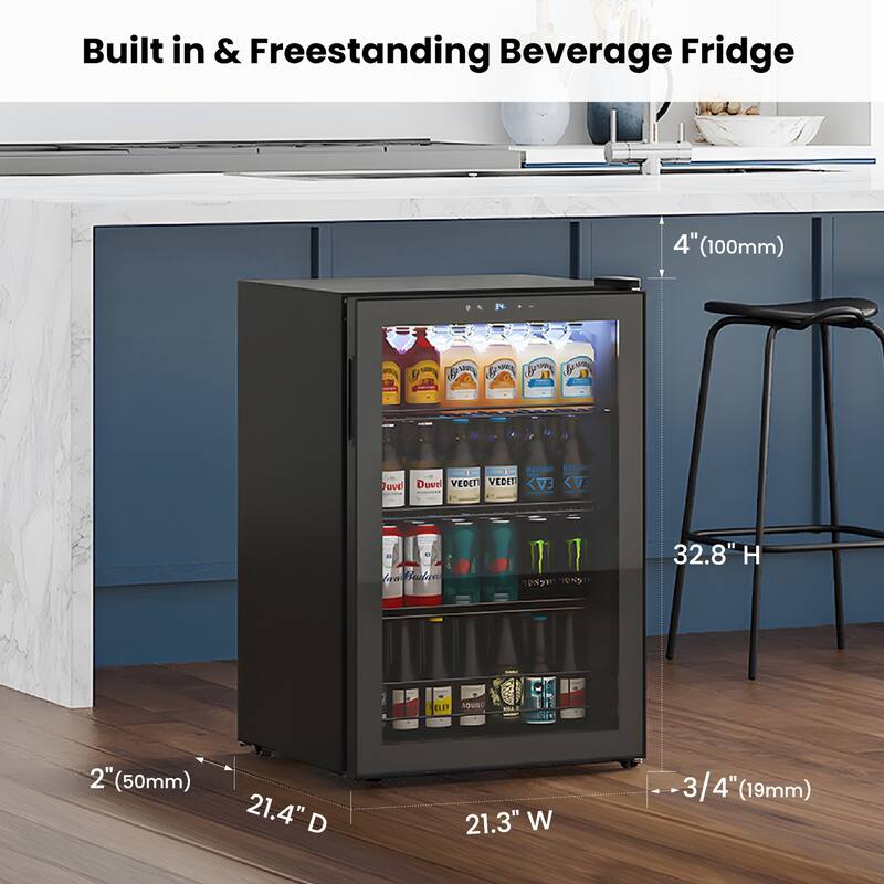 Yeego 4.6 Cu.Ft Beverage Refrigerator, Built-in or Freestanding Cooler with Glass Door, LED Light, Quiet Compressor