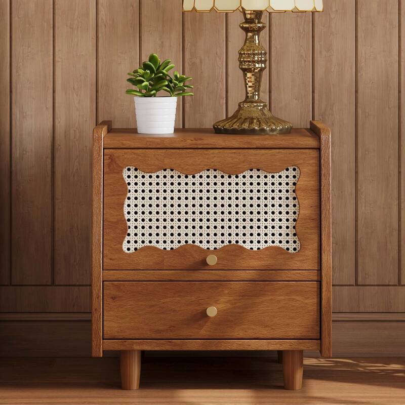 Wooden Nightstand with Rattan