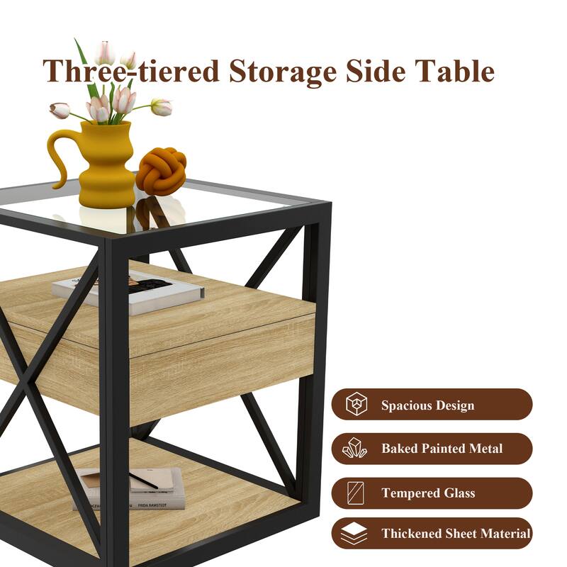 Set Of 2 Modern End Table With Drawer - Nightstand For,Rustic Wood Grain Mdf&Tempered Glass Top, Industrial Style Side Table