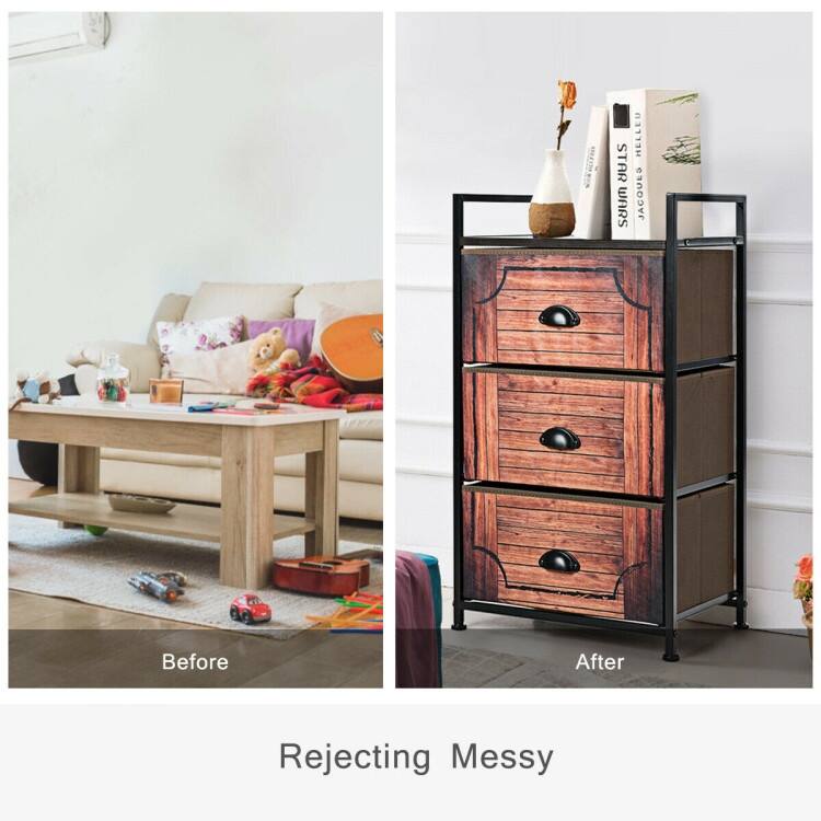 Dark Brown Fabric 4-Drawer Storage Tower with Metal Frame MDF Top and Adjustable Feet for Bedroom Closet or Office
