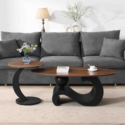 Industrial Style Round Coffee Table Black Nesting Coffee Table Set of 2 with Frame and Base, for Living Room