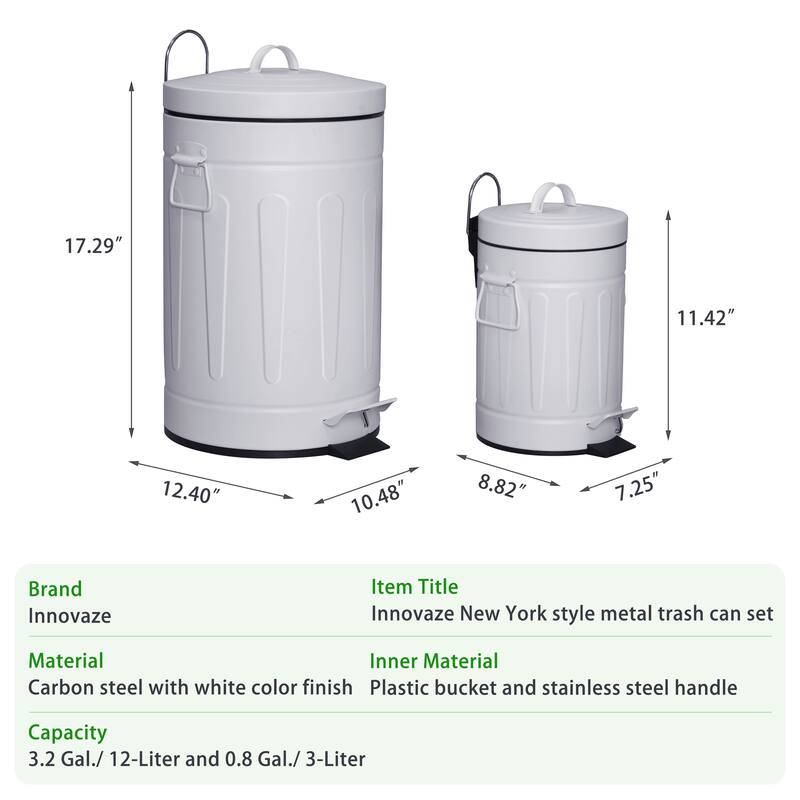 Innovaze 3.2 Gal./12-Liter and 0.8 Gal./3 Liter Old Time Style Round White Metal Step-on Trash Can Set