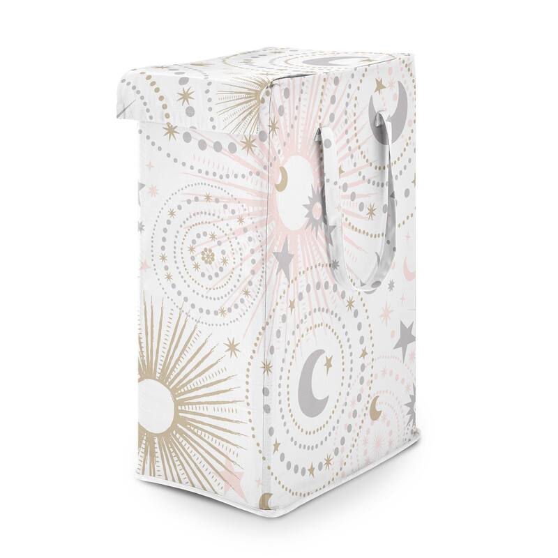 Sweet Jojo Designs Blush Pink Gold Star Moon Girl Foldable Laundry Hamper with Handles Grey Celestial Sky Stars Gray Shabby Chic
