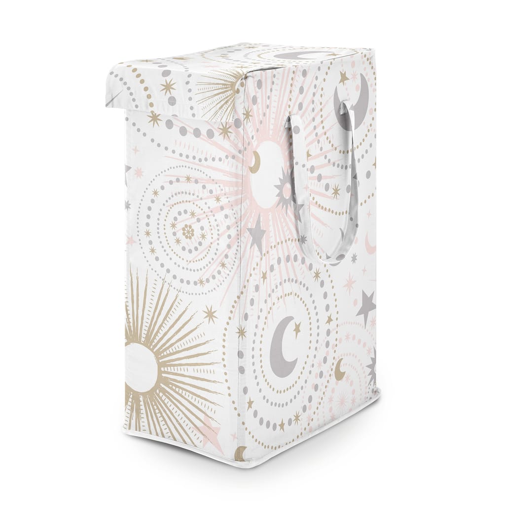 Sweet Jojo Designs Blush Pink Gold Star Moon Girl Foldable Laundry Hamper with Handles Grey Celestial Sky Stars Gray Shabby Chic